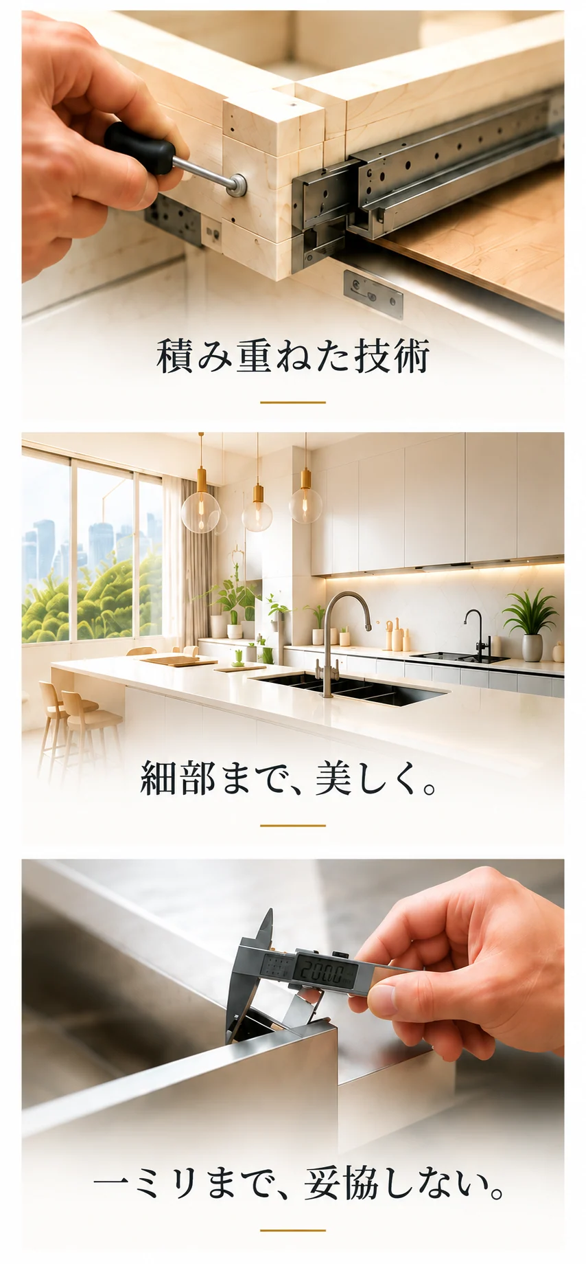 システムキッチン施工の技術、美しい仕上がり、精度へのこだわり